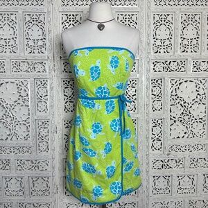 Vtg Lilly Pulitzer White Label Green &‎ Blue Sea Turtle Print Strapless Dress